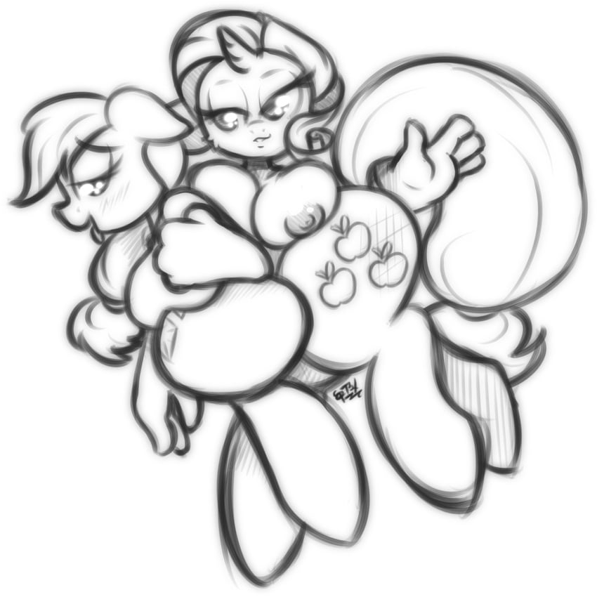 1:1 2014 anthro anthrofied applejack_(mlp) big_breasts breast_squish breasts butt_slap cutie_mark digital_drawing_(artwork) digital_media_(artwork) duo earth_pony equid equine female friendship_is_magic hasbro hi_res horn horse koffeekuma mammal monochrome my_little_pony mythological_creature mythological_equine mythology nipples on_lap over_knee pony rarity_(mlp) simple_background slap spanking squish tongue tongue_out unicorn white_background