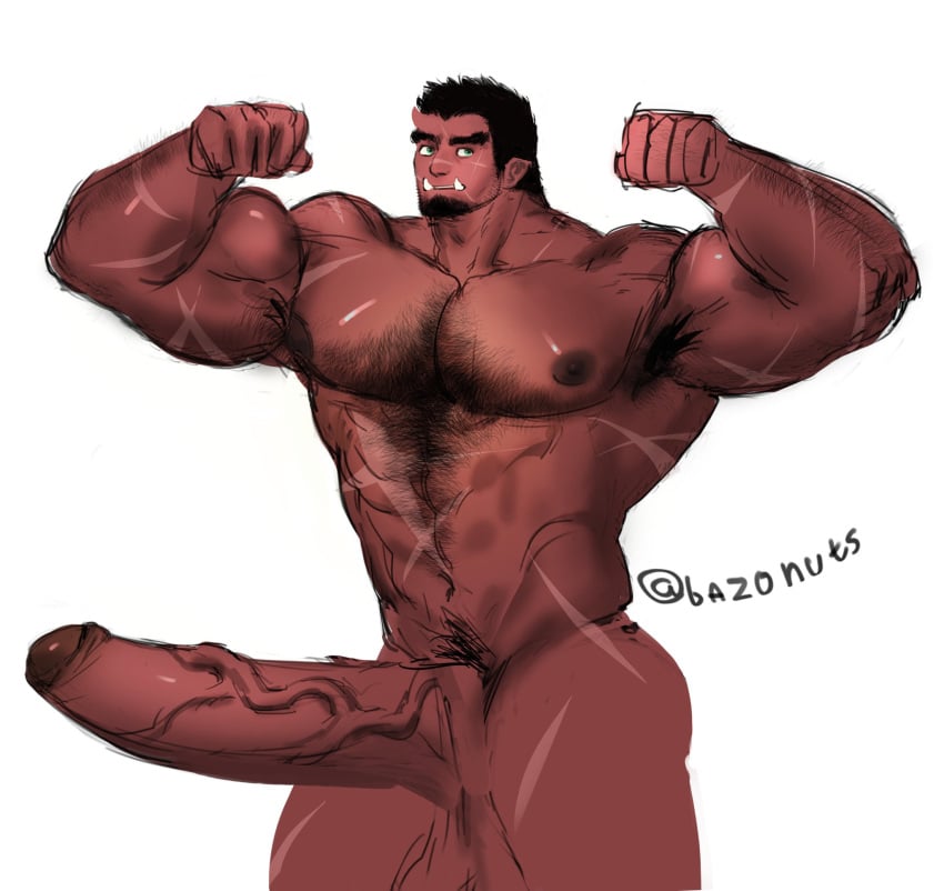 armpit armpit_hair armpits balls bara bazonuts big_balls big_penis body_hair boner erection facial_hair flexing huge_cock male male_only muscles muscular nude oni penis solo solo_male