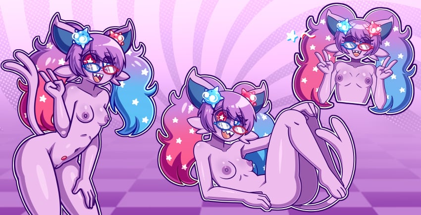 2025 3_toes 4_fingers accessory areola blue_eyes blue_eyewear blue_glasses blue_hair cami_espeon_(mintyspirit) e-girl eeveelution egirl espeon eyewear fan_character fangs feet female fingers flat_chested fur gem generation_2_pokemon generation_7_pokemon genitals gesture glasses hair hair_accessory hand_gesture hand_on_knee hand_on_leg happy heterochromia hi_res looking_at_viewer minior minior_(core_form) mintyspirit multicolored_eyewear multicolored_glasses multicolored_hair nintendo nipples nude open_mouth pokemon pokemon_(species) purple_areola purple_body purple_fur purple_hair purple_nipples pussy red_eyes red_eyewear red_gem red_glasses red_hair shark_teeth smile solo star star_eyes star_pupils stars_in_hair teeth toes tongue twintails_(hairstyle) v_sign