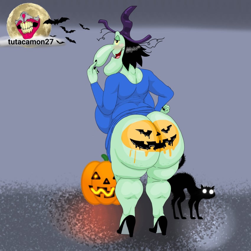 ass_paint big_ass big_breasts big_butt big_nose blue_dress granny green_skin grey_body halloween high_heels huge_ass looney_tunes mature_female milf painted_ass painted_butt tutacamon27 witch witch_costume witch_hat witch_hazel witch_hazel_(pvz) yellow_eyes