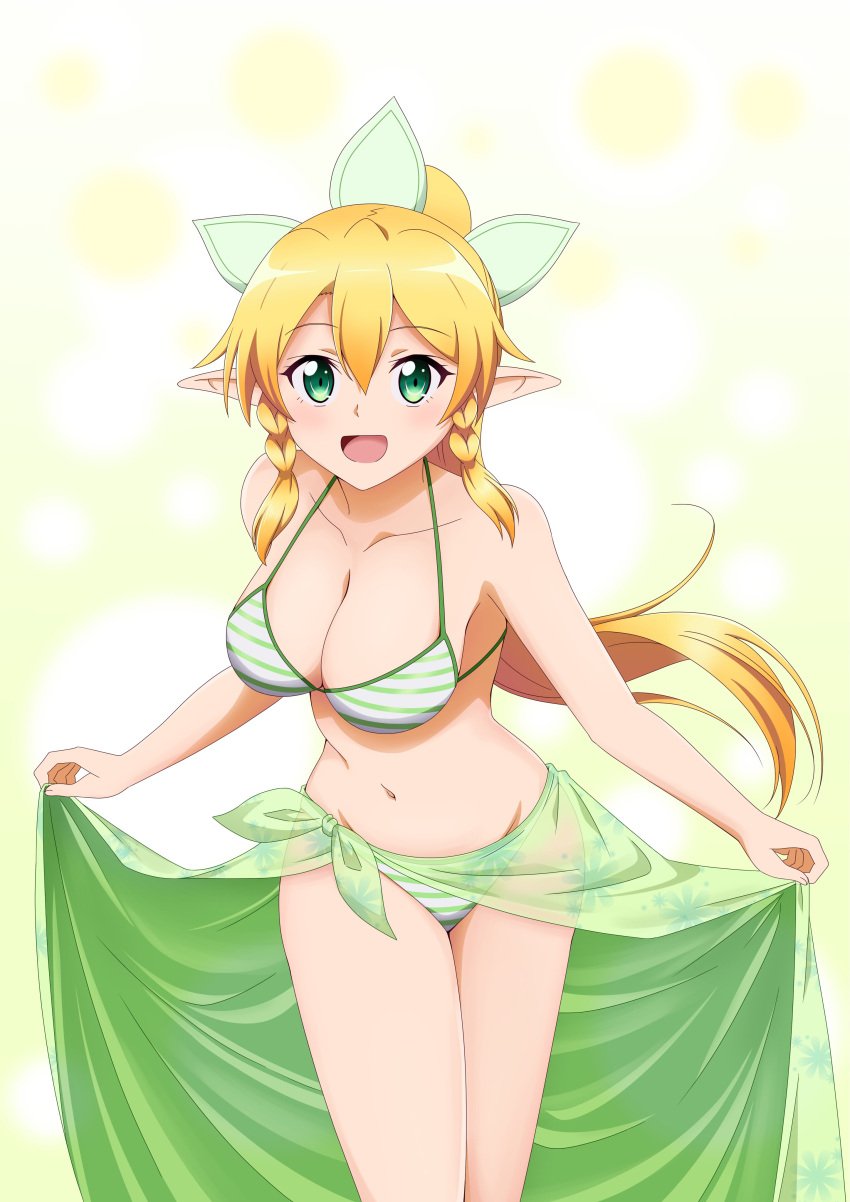 absurd_res alluring big_breasts bikini blonde_hair braid cleavage collarbone cowboy_shot female female_focus green_bikini green_eyes high_res ken-ji leafa leaning_forward long_hair looking_at_viewer navel open_mouth pointy_ears ponytail sarong simple_background smile standing striped_bikini striped_clothes swimsuit sword_art_online twin_braids very_long_hair white_background