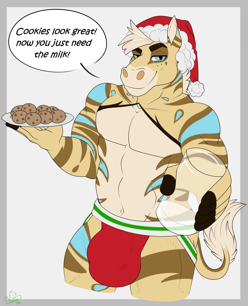 anthro big_bulge biped bulge christmas christmas_clothing christmas_headwear clothed clothing cookie detailed_bulge digital_media_(artwork) dwenz english_text equid equine food fur gummixfrog hat headgear headwear hi_res holidays horse hybrid looking_at_viewer male male_anthro mammal milk santa_hat simple_background smile solo stripes tail text underwear zebra zebroid zorse