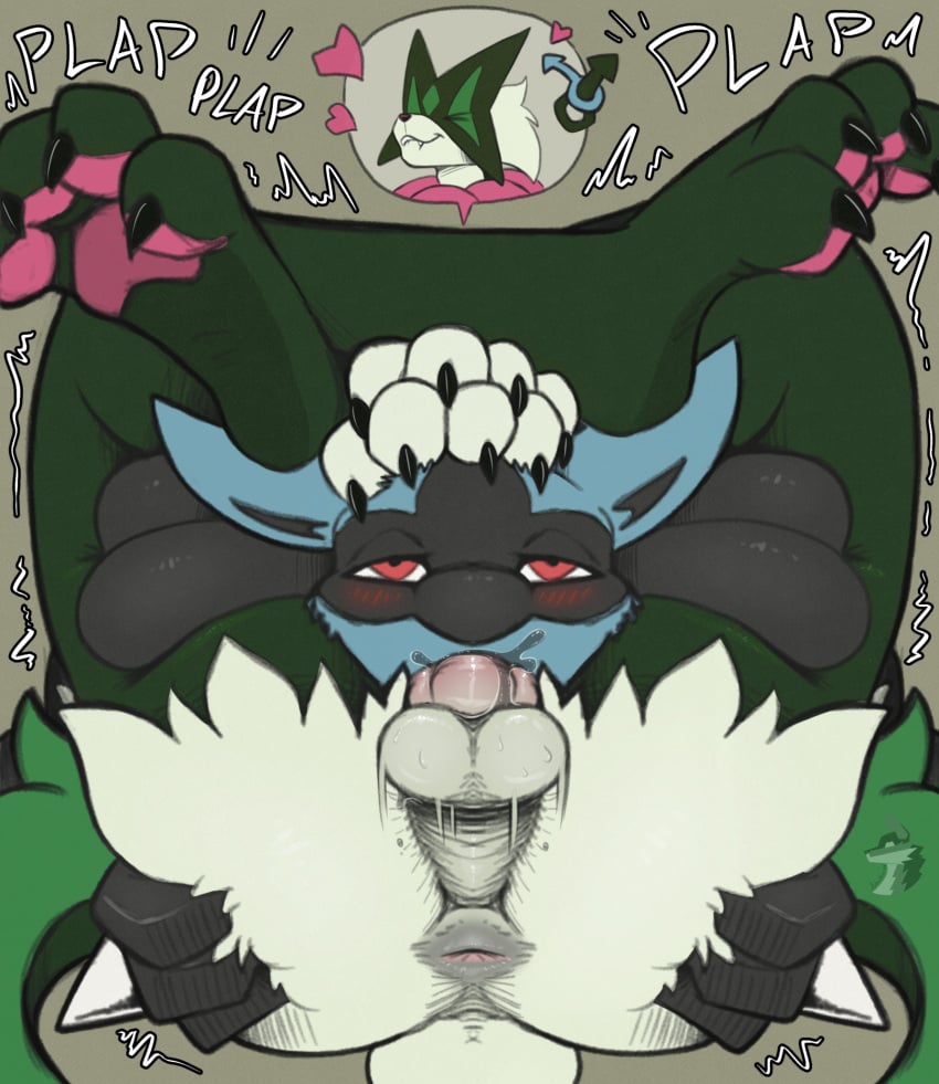 anus arkailart balls blue_body blue_fur canid canine claws duo felid feline fur generation_4_pokemon generation_9_pokemon genitals green_body green_fur hi_res looking_pleasured lucario male male/male mammal meowscarada nintendo oral pawpads pokemon pokemon_(species) red_eyes