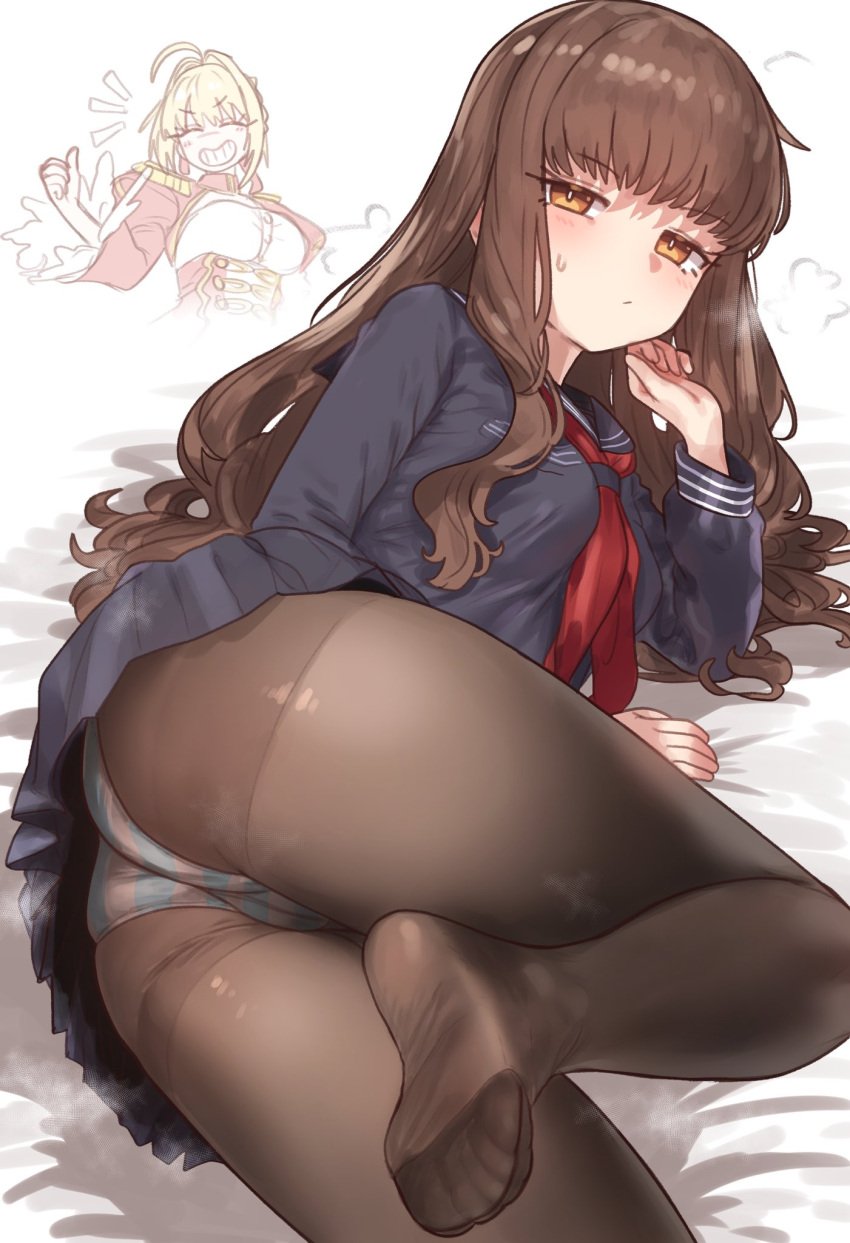 ass ass_focus fate_(series) feet from_behind hakuno_kishinami looking_back lying_on_side nero_claudius_(fate) pantyhose soles steam striped_panties sweat sweaty toes unamused