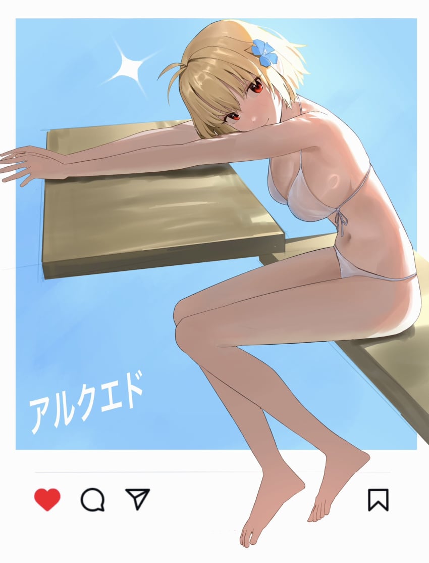 ahoge antenna_hair arcueid_brunestud bikini blonde_hair border breasts fake_screenshot female highres looking_at_viewer medium_breasts o_taku outside_border red_eyes short_hair sitting smile solo swimsuit translated tsukihime twitter white_bikini white_border