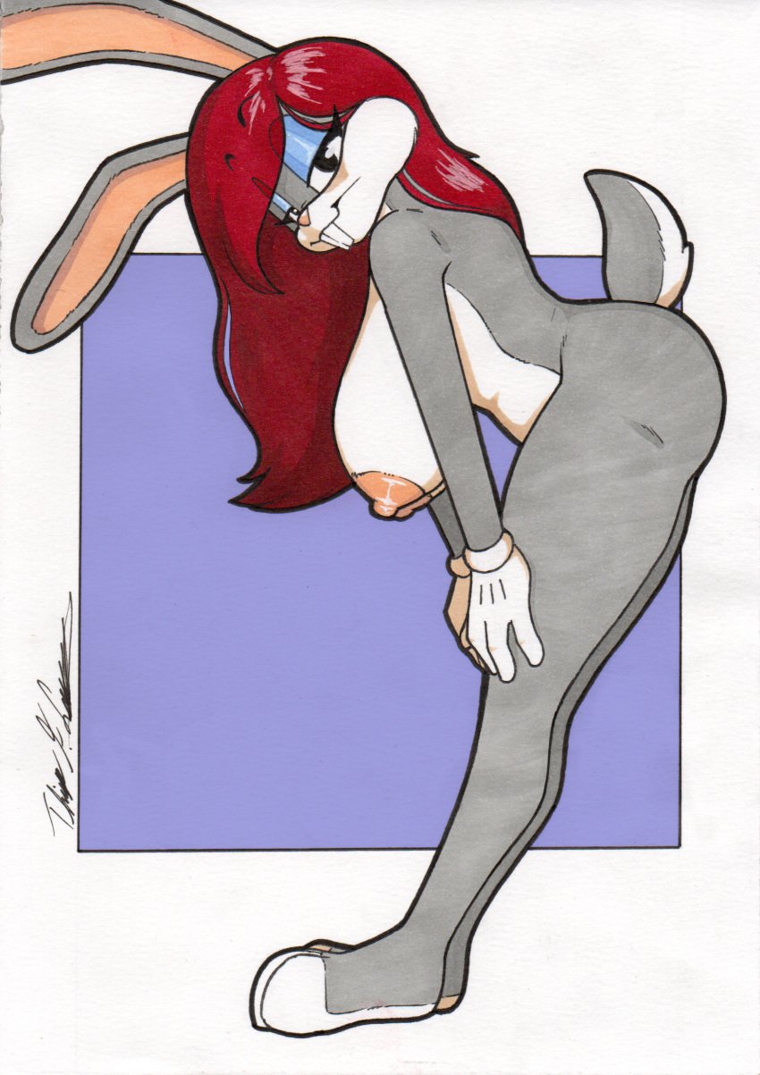 absurd_res anthro ass big_breasts breasts bugs_bunny female hi_res lagomorph leporid looking_at_viewer looney_tunes mammal rabbit rotten_owl simple_background solo teeth thick_thighs traditional_media_(artwork) warner_brothers