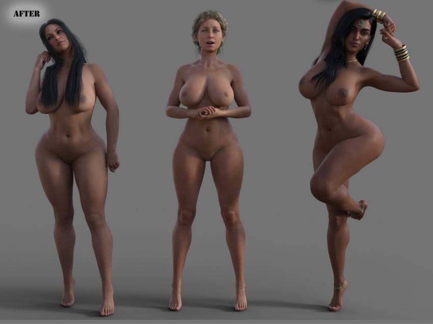 3d 3girls after big_breasts black_hair blonde_hair blue_eyes brown_eyes christianity corruption dark-skinned_male dragonporn female_only gray_background hinduism hourglass_figure imminent_sex islam jewelry jewelry_only light-skinned_female long_hair looking_at_viewer looking_away middle_eastern muslim muslim_female naked nude original original_characters pose realistic_breast_size religion short_hair smile