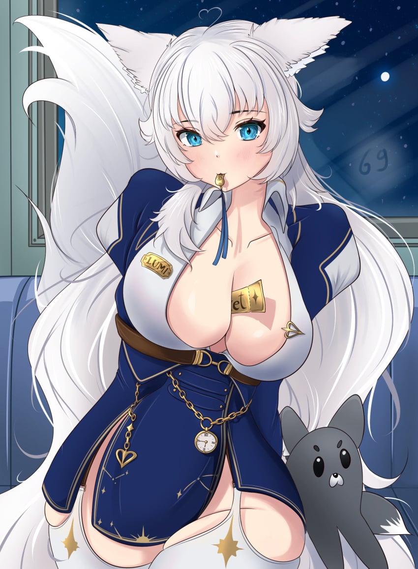 1girls animal_ears astraline bare_hips blue_eyes blue_ribbon blush blush_lines blushing_at_viewer boob_window breasts_bigger_than_head cleavage cleavage_overflow diamond_pupils female female_only fobwatch fogged_window grawne grey_fur hands_behind_back large_breasts leaning_forward light-skinned_female light_skin long_hair looking_at_viewer lumi_(merryweather) moon mr_finland_(lumituber) name_tag night night_sky no_bra no_bra_under_clothes number object_between_breasts open_clothes open_jacket open_shirt plushie solothigh_highs suspenders thigh_squish thighhighs train train_conductor train_interior undone_shirt unfastened virtual_youtuber vtuber watch whistle whistle_in_mouth white_fur white_hair wolf_ears wolf_girl wolf_tail