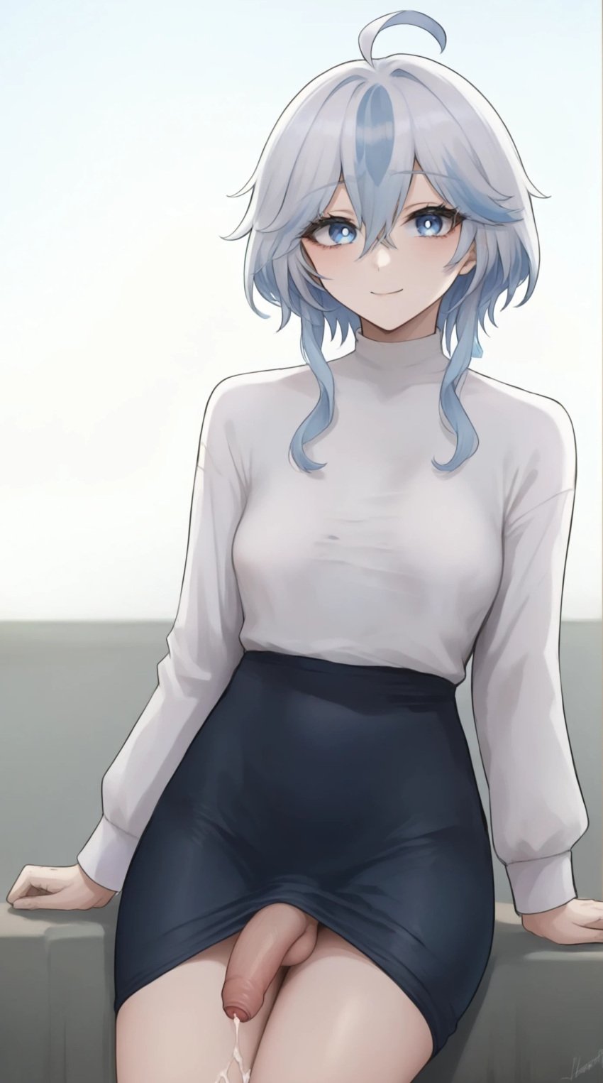 1boy ai_generated blue_eyes blue_hair cum cumming dickgirl furina_(genshin_impact) genshin_impact pencil_skirt penis shemale short_hair solo solo_male standing sweater testicles uncensored uncircumcised white_hair yuuki_snow