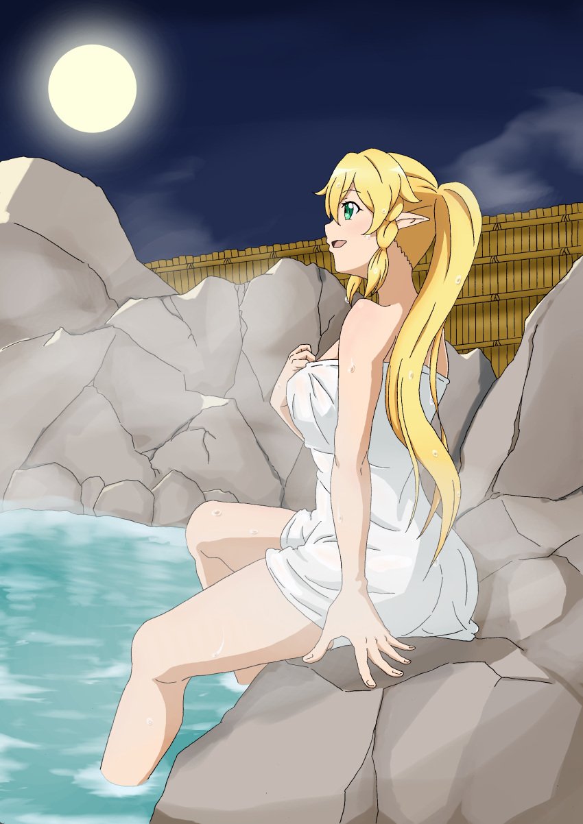 1girls :d absurd_res alluring bangs blonde_hair braid eyebrows_visible_through_hair from_side full_moon green_eyes hair_between_eyes high_res hot_spring ken-ji leafa long_hair medium_breasts moon naked_towel night onsen open_mouth outside pointy_ears ponytail shiny shiny_hair sidelocks sitting smile soaking_feet sword_art_online towel twin_braids very_long_hair white_towel