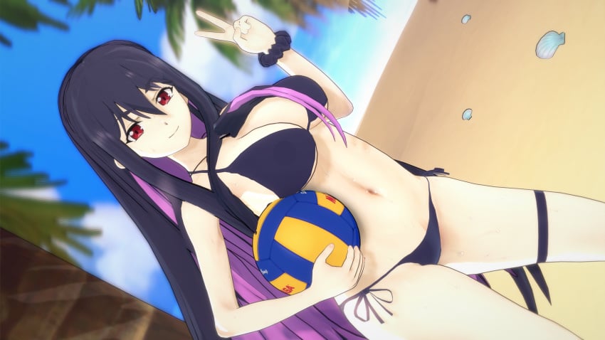 1girls 3d beach big_breasts breasts busty cleavage female female_only idola_avorn large_breasts legs long_hair looking_at_viewer navel ocean pose posing purple_hair red_eyes sensual sentai_red_ga_isekai_de_boukensha_ni_naru smile solo sweat thighs v volleyball voluptuous water yihdra_arvoln