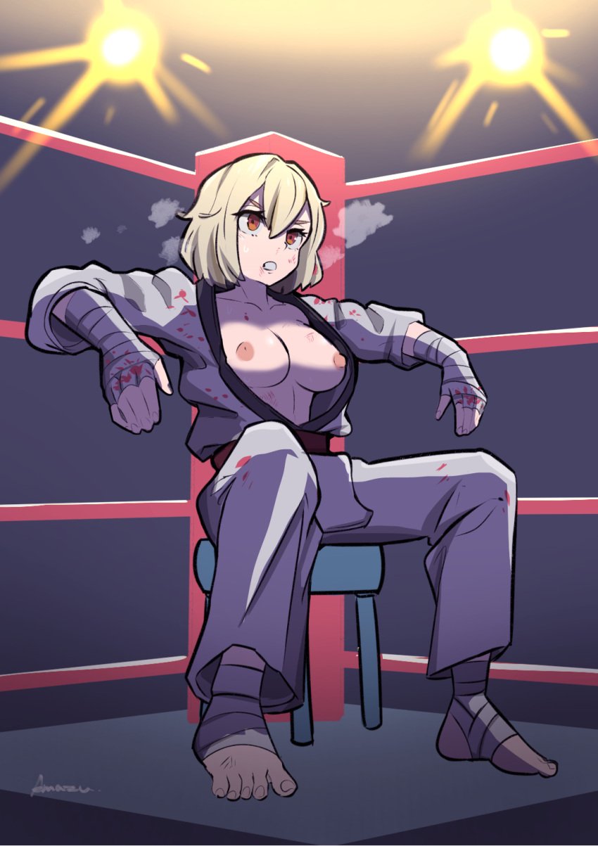 1girls amazu_(kurozu) blonde_hair blood blood_on_clothes blood_on_face boxing_ring breasts breasts_exposed breasts_out collarbone commentary commission dougi english_commentary erect_nipples exposed_breasts eyebrows_hidden_by_hair foot_wraps full_body hair_between_eyes hand_wraps heavy_breathing highres karate_gi medium_breasts nipples original red_eyes signature sitting solo spotlight stool thick_eyebrows