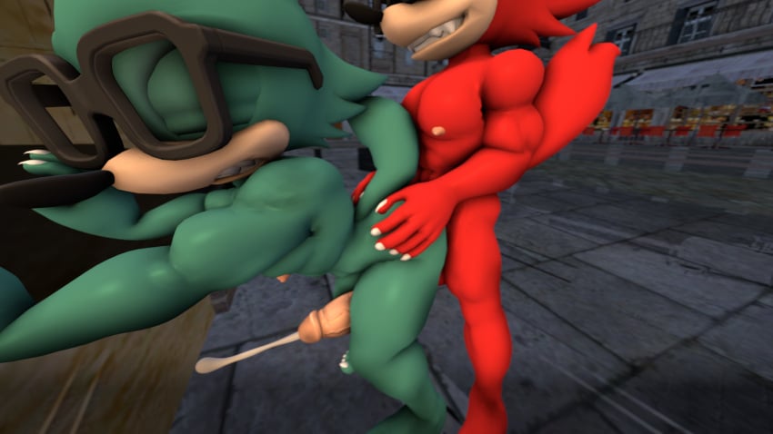 2boys 3d 3d_(artwork) 3d_model 3d_render against_surface against_wall anal anal_insertion anal_sex balls blue_fur city city_background claws closed_eyes cum cum_while_penetrated cumshot doggy_style doggystyle_position ejaculate ejaculation ejaculation_while_penetrated erection fangs from_behind from_behind_position gadget_the_wolf gizmo_the_wolf_(saiyangoku4) grin half-closed_eyes hands-free looking_back maxdistortion moan moaning moaning_in_pleasure open_mouth orgasm outside penis plap public public_nudity public_sex red_fur sega sex sfm sonic_(series) sonic_forces sonic_the_hedgehog_(series) source_filmmaker source_filmmaker_(artwork)