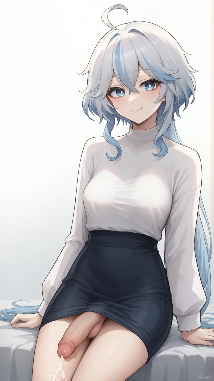 1boy ai_generated blue_eyes blue_hair cum cumming dickgirl furina_(genshin_impact) genshin_impact pencil_skirt penis shemale short_hair solo solo_male standing sweater testicles uncensored white_hair yuuki_snow