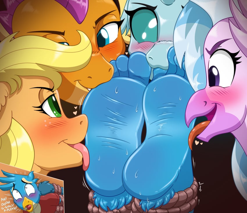 anthro applejack_(mlp) arthropod avian blue_body blue_eyes blush bodily_fluids bondage bondage boudn_male bound caroo changeling dragon earth_pony equid equine european_mythology feet female foot_fetish foot_in_mouth foot_lick foot_play foot_suck friendship_is_magic gallus_(mlp) greek_mythology green_eyes group gryphon hasbro heart_symbol hi_res hippogriff horse licking male male/female mammal my_little_pony mythological_avian mythological_creature mythological_scalie mythology ocellus_(mlp) orange_body pink_body pony purple_eyes reformed_changeling restraints rope rope_bondage scalie silverstream_(mlp) smolder_(mlp) submissive submissive_male sucking sweat sweatdrop sweaty_feet toe_in_mouth toe_suck toes tongue tongue_out