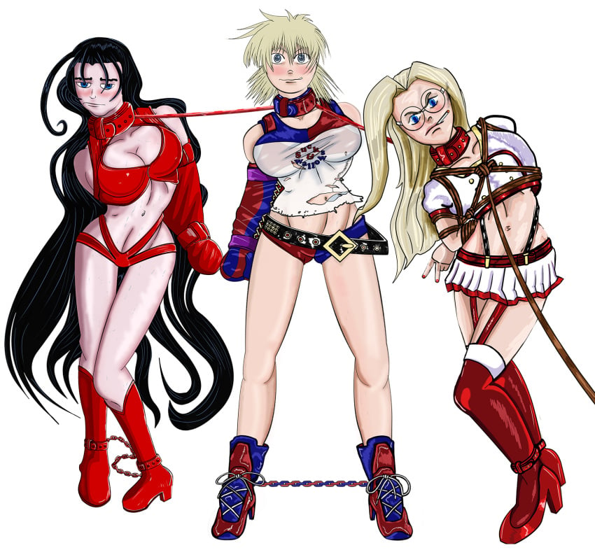 3girls antenna_hair armbinder bondage british_female german_female hellsing integra_hellsing leashed_together long_hair pale-skinned_female righteousboyii rip_van_winkle seras_victoria short_hair