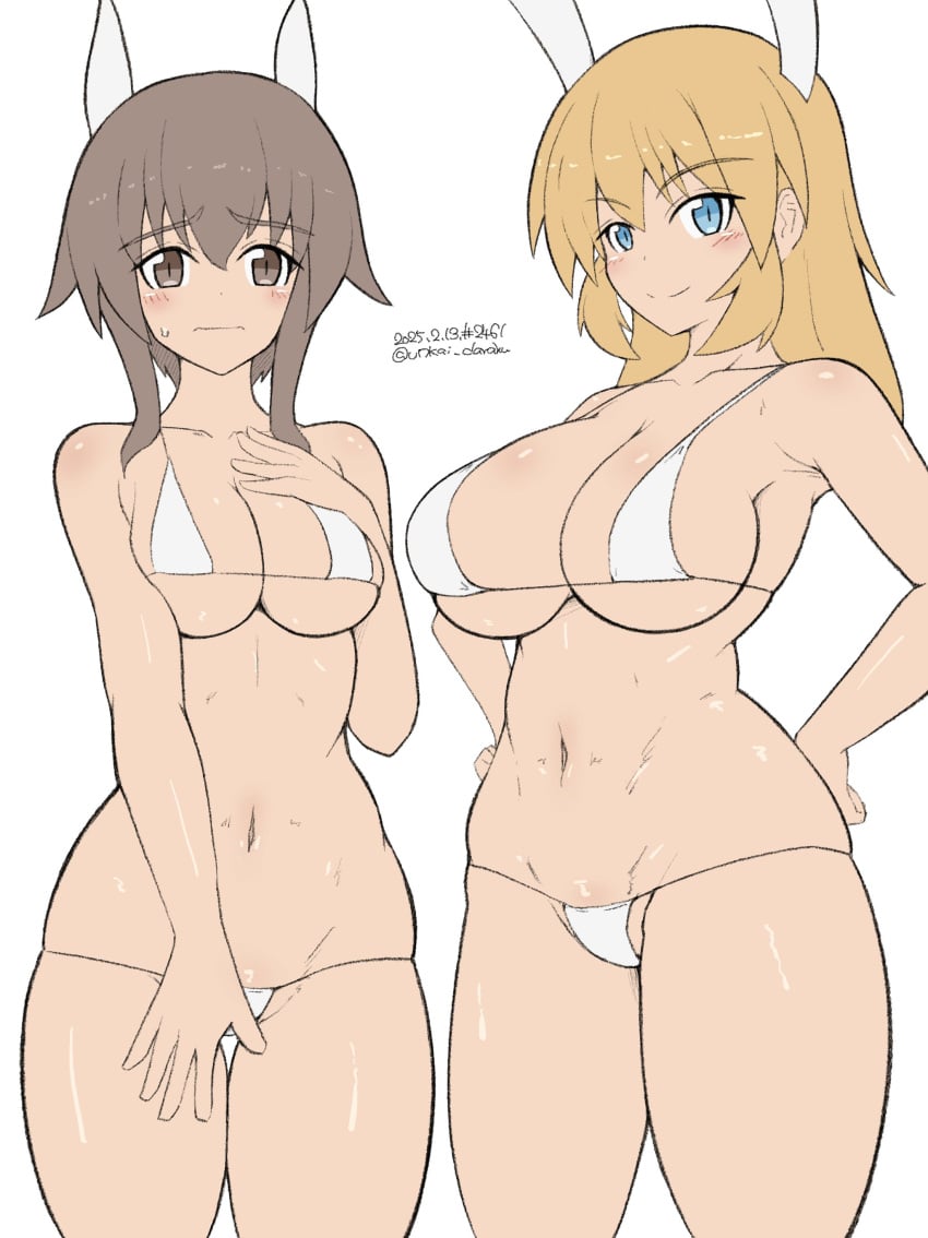 2girls animal_ears bunny_ears charlotte_e._yeager large_breasts long_hair micro_bikini shorts sluts strike_witches takei_junko unkai_daraku world_witches_series