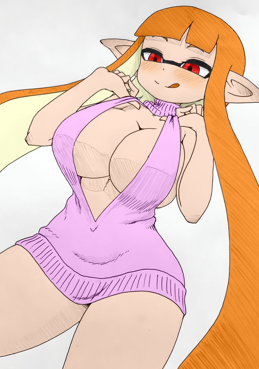 1girls 3rd_party_edit blush breasts cleavage color color_edit colored hi_res hourglass_figure inkling inkling_girl kaori_(splatoon) licking_lips light-skinned_female light_skin long_hair medium_breasts nintendo nobunagapero orange_hair peronattu pink_sweater pulling_clothing red_eyes simple_background sketch solo splatoon splatoon_(series) sweater sweater_only teasing tentacle_hair thighs upscaled virgin_destroyer_sweater virgin_killer_sweater white_background