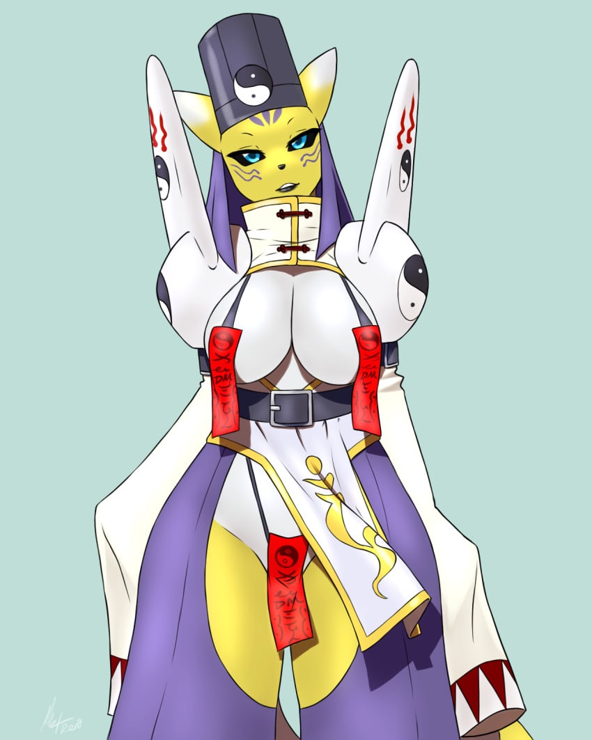 anthro bandai_namco belt big_breasts breasts canid canine digimon digimon_(species) female fox fur furball headdress hi_res mammal markings shoulder_pads solo talisman_bikini talisman_bra talisman_on_pussy taomon white_body white_fur yellow_body yellow_fur yin_yang