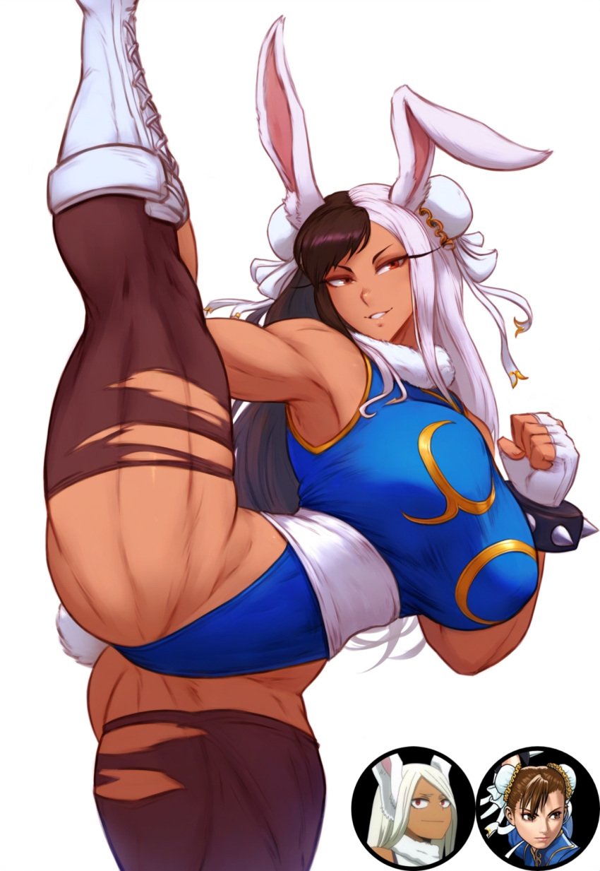 abs ai_generated big_breasts chun-li cleavage fusion fusion_character hairband heterochromia huge_breasts huge_thighs krystalizedart miruko muscular muscular_female my_hero_academia rabbit rabbit_ears red_eyes slit_pupils solo solo_female solo_focus street_fighter thick_thighs thighhighs