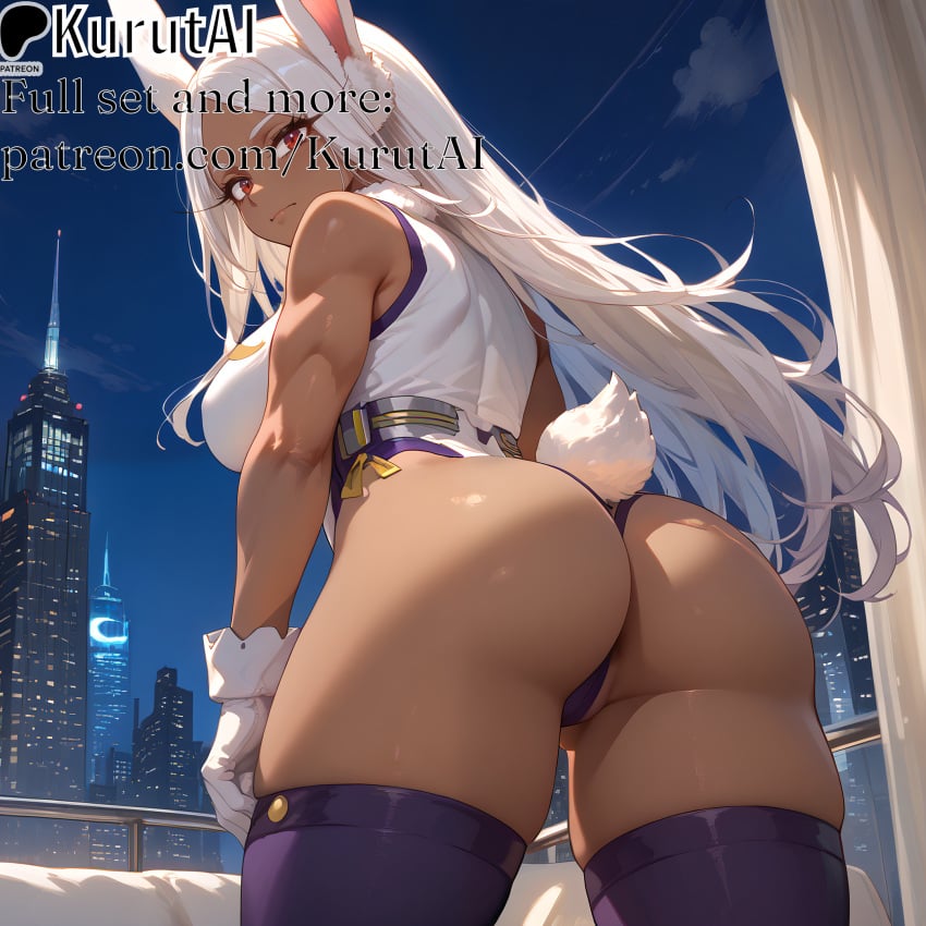 1girls ai_generated animal_ears artist_name artist_signature ass bangs bare_shoulders boku_no_hero_academia breasts dark-skinned_female dark_skin from_behind fur_collar gloves hi_res high_resolution highres kurutai large_breasts leotard long_hair looking_at_viewer looking_back mirko my_hero_academia outdoors parted_bangs patreon rabbit_ears rabbit_girl rabbit_tail red_eyes solo tail thighhighs thighs uncensored white_hair