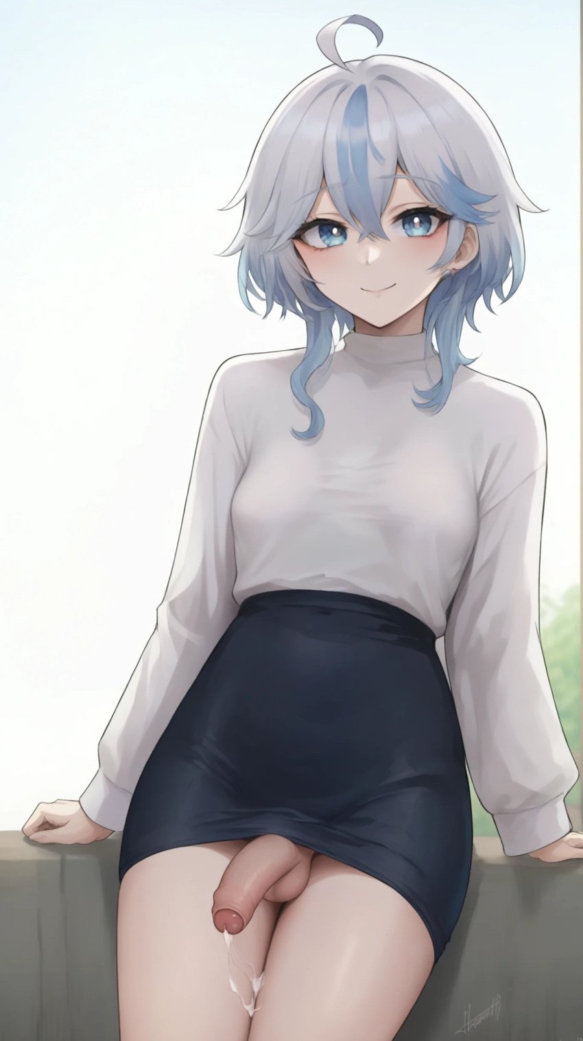 1boy ai_generated blue_eyes blue_hair cum cumming dickgirl furina_(genshin_impact) genshin_impact pencil_skirt penis shemale short_hair solo solo_male standing sweater testicles uncensored uncircumcised white_hair yuuki_snow