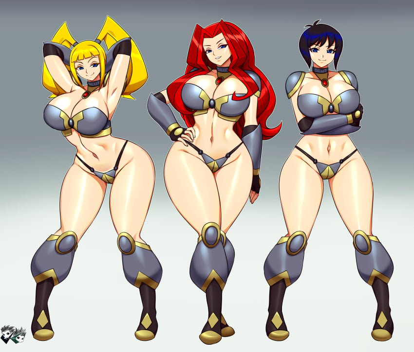 3_way_(slut_squad) big_breasts blonde_hair blue_hair breasts cherry_(3_way) cleavage female human looking_at_viewer melody_(3_way) red_hair seductive seductive_eyes seductive_look seductive_mouth seductive_pose seductive_smile setoyuki skimpy skimpy_armor skimpy_clothes skimpy_outfit trio trix_(3_way)