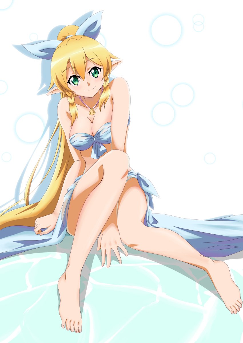 absurd_res alluring barefoot between_legs bikini blonde_hair blue_bikini blue_bow bow braid cleavage closed_mouth collarbone female green_eyes hair_between_eyes hairbow hand_between_legs high_ponytail high_res jewelry ken-ji leafa leafa_(sao) long_hair looking_at_viewer medium_breasts necklace pointy_ears ponytail sarong shadow shell shell_necklace simple_background sitting smile strapless strapless_bikini swimsuit sword_art_online twin_braids very_long_hair white_background