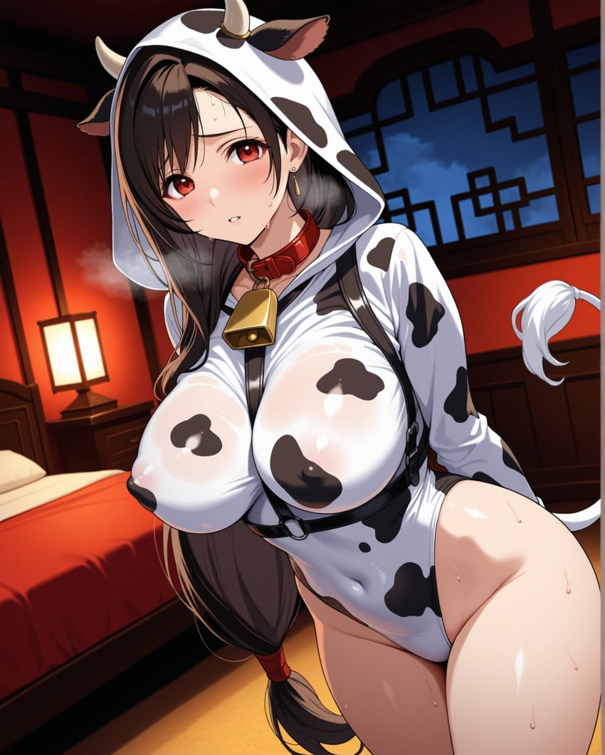 1girls ai_generated bed bedroom blush blush breasts brown_hair collar covered_navel covered_nipples cow_bell cow_ears cow_print fake_animal_ears female final_fantasy_vii furrowed_brow hair_over_shoulder hands_behind_back harness heavy_breathing hips hood_up hoodie horns indoors large_breasts leotard long_hair long_sleeves looking_at_viewer night notreallyhere parted_lips red_eyes solo standing sweat tail thighs tied_hair tifa_lockhart