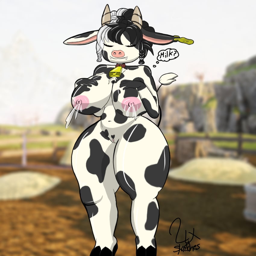 1:1 1girls 2d 69_(number) animal_humanoid anthro areola bell bell_collar big_breasts bottomwear bovid bovid_humanoid bovine bovine_humanoid breasts cattle clitoral_hood clitoris closed_eyes clothed clothing collar collar_only digital_media ear_piercing ear_tag fangs female genitals hair hand_on_breast heart_(marking) hi_res horn huge_breasts humanoid luxsketches mammal mammal_humanoid markings milk milk_leaking milk_stream mouth_closed mozzarina multicolored_body multicolored_hair nipples nude pal_(species) palworld piercing pocketpair shorts slightly_chubby solo teeth thick_thighs wide_hips