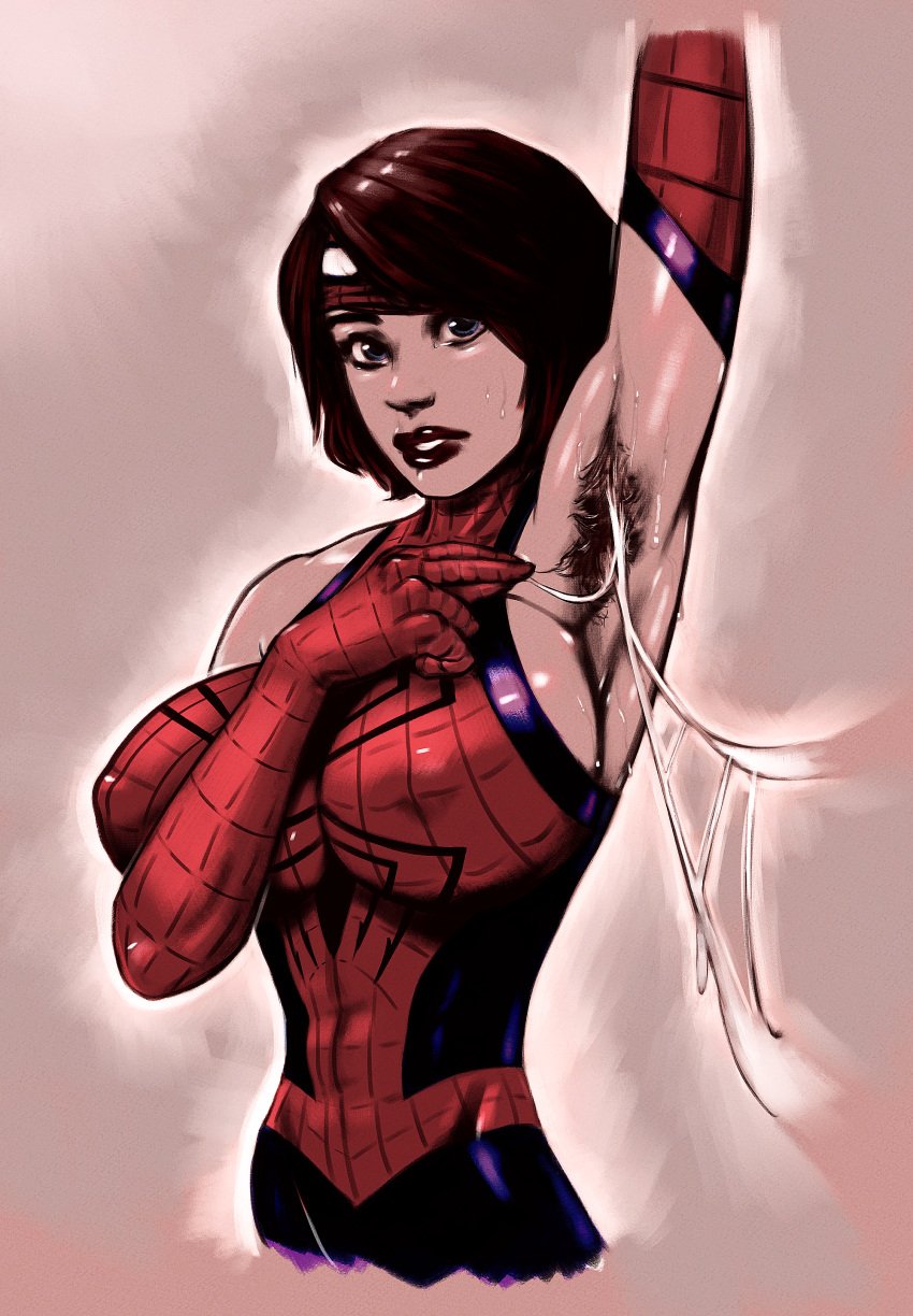 1girls armpit_hair armpits ashley_barton brown_hair drawthread_request large_breasts marvel marvel_comics redlever solo solo_female solo_focus spider-bitch spider-girl spider-man_(series) sweat sweaty_armpits webbing