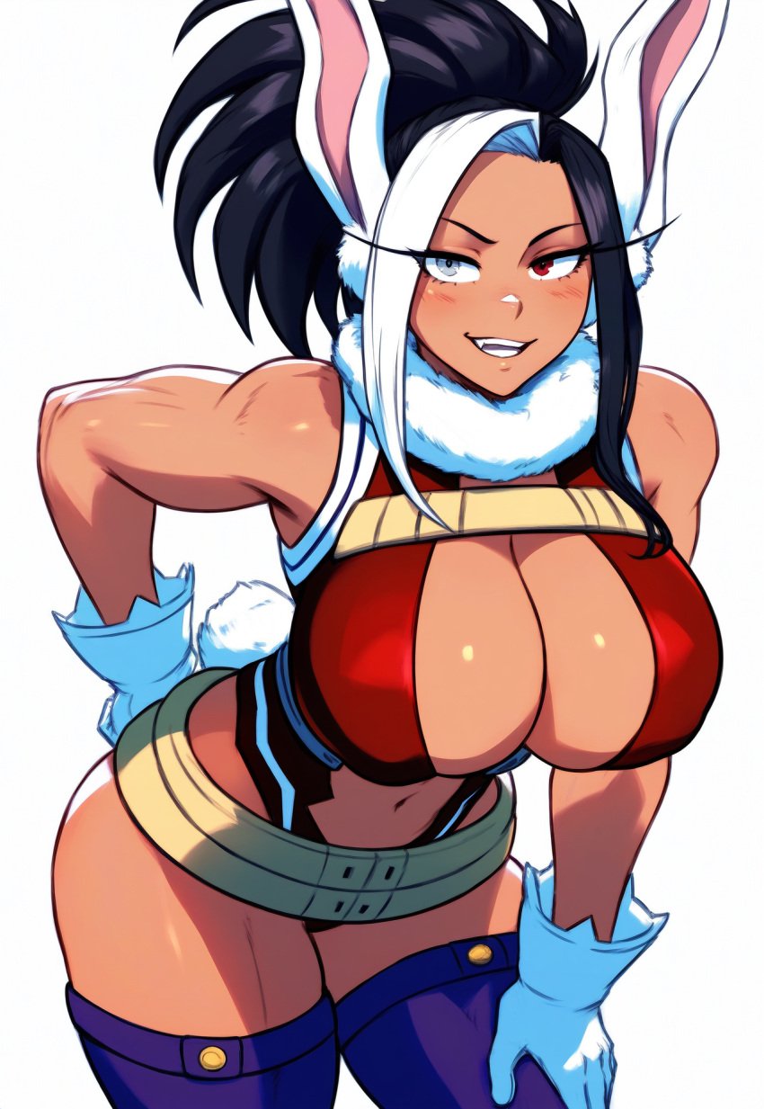 abs ai_generated big_breasts cleavage fusion fusion_character hairband heterochromia huge_breasts huge_thighs krystalizedart miruko momo_yaoyorozu muscular muscular_female my_hero_academia rabbit rabbit_ears red_eyes slit_pupils solo solo_female solo_focus thick_thighs thighhighs