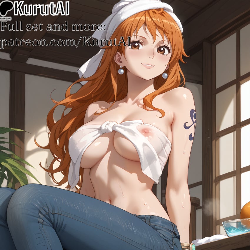 1girls ai_generated arm_tattoo artist_name artist_signature bare_shoulders blue_pants breasts brown_eyes clothing collarbone covered_nipples cross_earrings crossed_legs earrings female female_only hi_res high_resolution highres indoors jeans jewelry kurutai large_breasts long_hair looking_at_viewer nami nami_(one_piece) nami_\(one_piece\) navel nipples one_piece orange_hair pants patreon see-through sitting smile solo tattoo towel uncensored