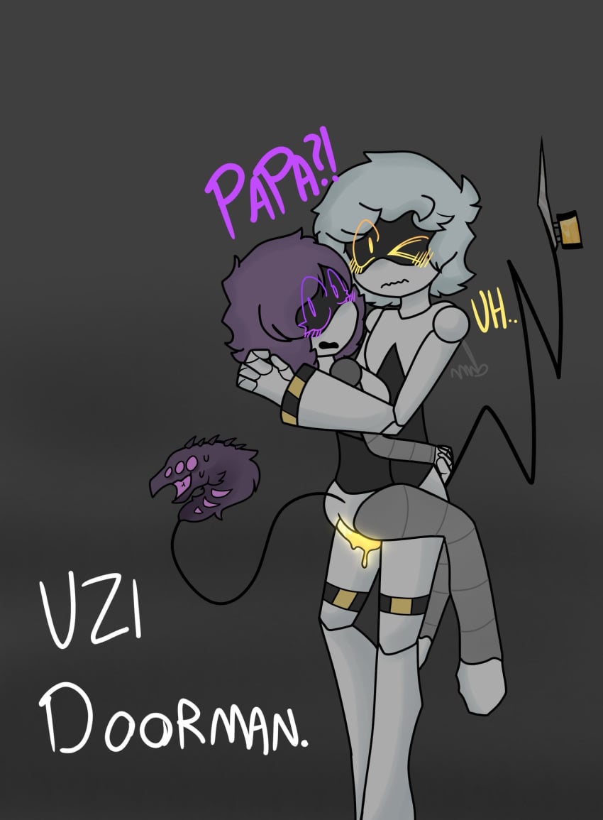 canon_couple kayodoorman murder_drones n_(murder_drones) naked_female naked_male purple_eyes purple_hair say_gex silver_hair uzi_(murder_drones) yellow_eyes