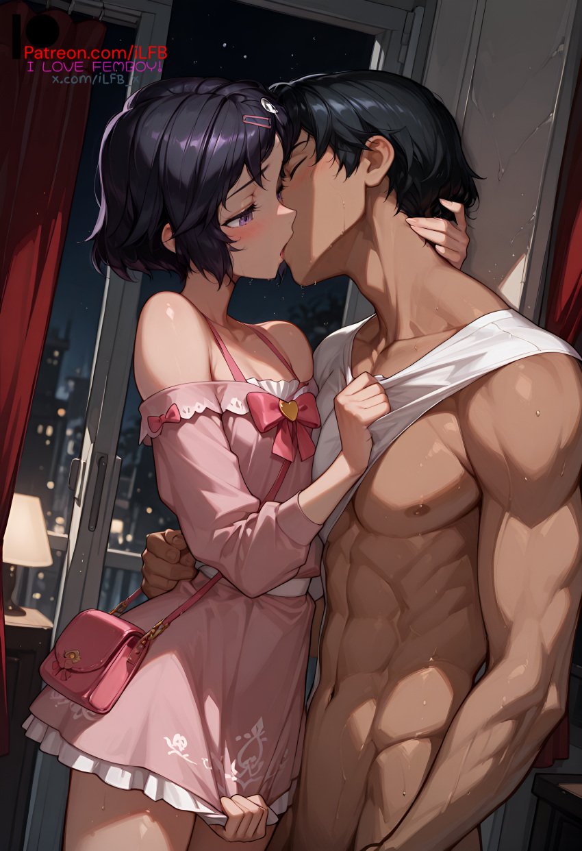 2025 2boys 2d ai_generated black_hair blush closed_eyes cute_male dress femboy feminine_male flat_chest gay hi_res high_resolution highres ilfb kiss kissing male male/male male_only medium_hair muscular_male night pink_eyes self_upload short_hair shy standing steins;gate trap uncensored urushibara_ruka yaoi