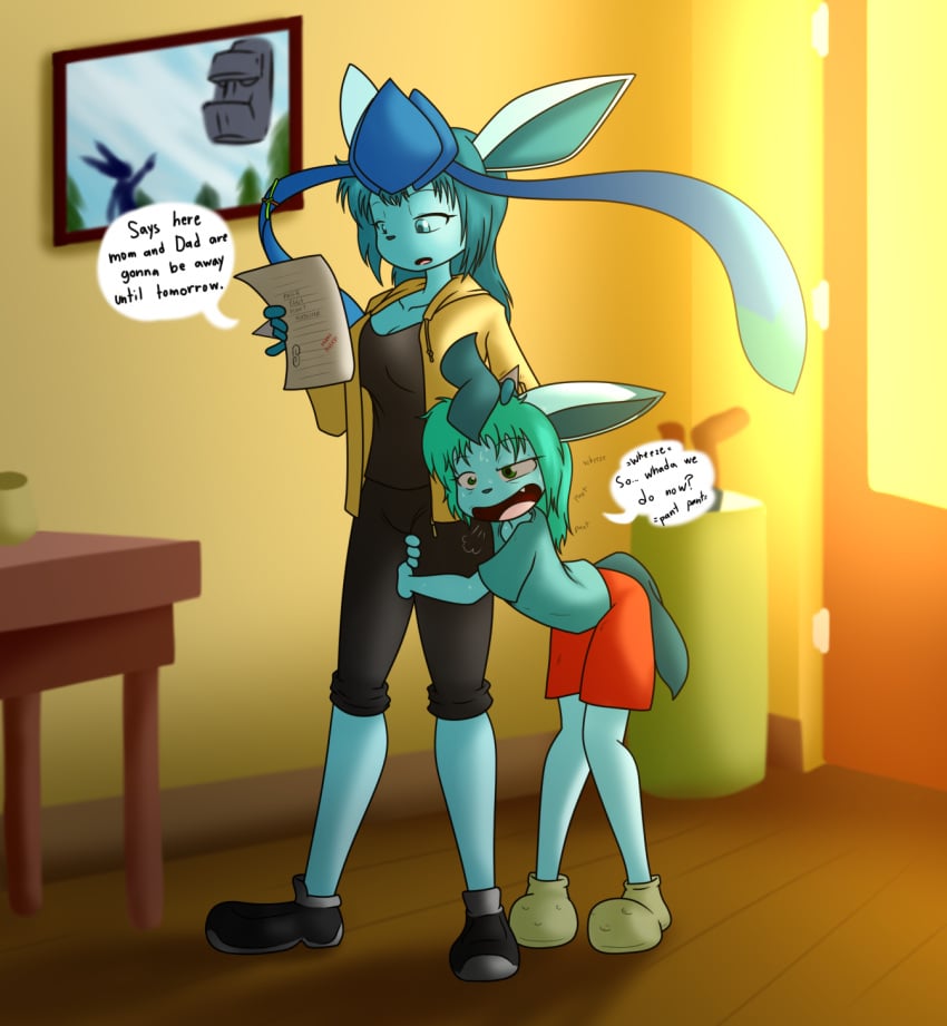 2girls evening galia_(sandwich-anomaly) glaceon hoodie indoors kaostheory901 leafeon letter lucario mari_(sandwich-anomaly) older_sister older_sister_younger_sister panting pokemon pokemon_(species) sandwich-anomaly shaking shaking_legs shoes shorts sisters struggling sweating younger_sister