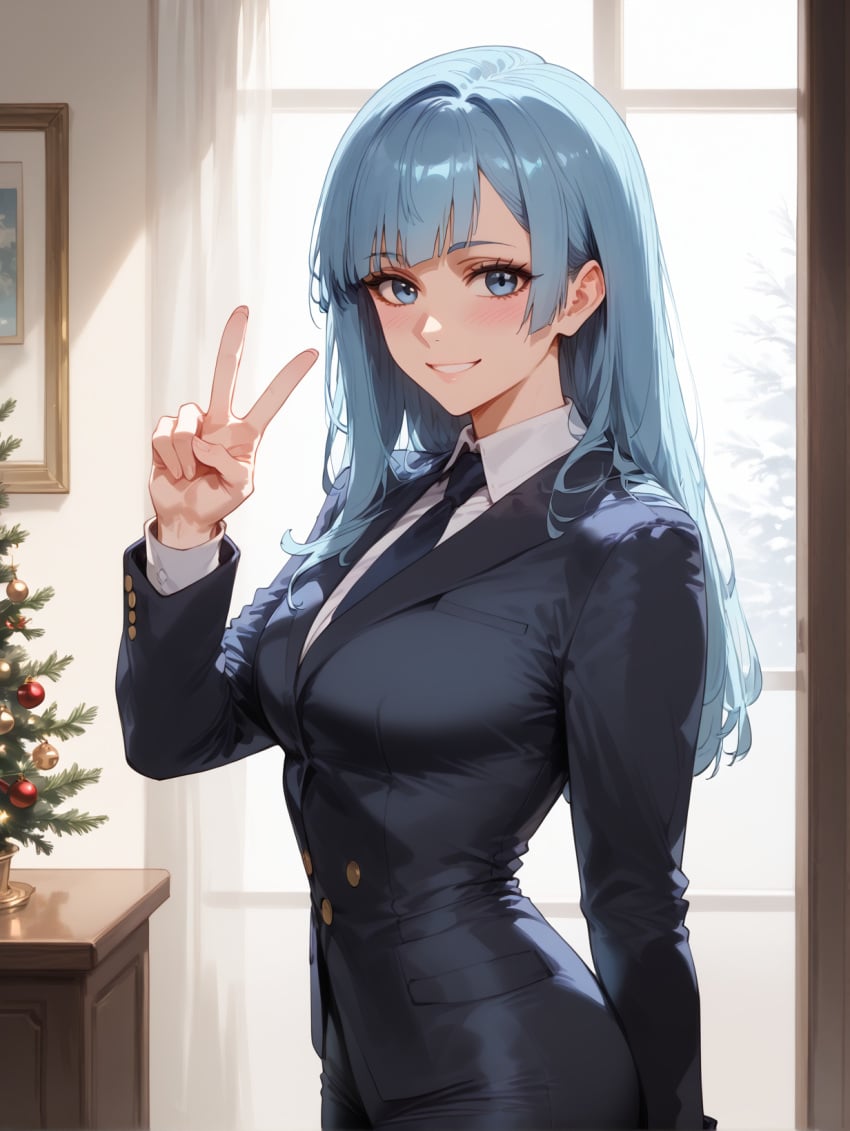 ai_generated arm_behind_back bangs black_jacket black_necktie black_pants black_suit blue_eyes blue_hair blunt_bangs blush breasts brokewyt collared_shirt cowboy_shot female formal grin hand_up indoors jacket jujutsu_kaisen kasumi_miwa long_hair long_sleeves looking_at_viewer medium_breasts necktie pant_suit pants shirt smile solo standing suit v white_shirt window