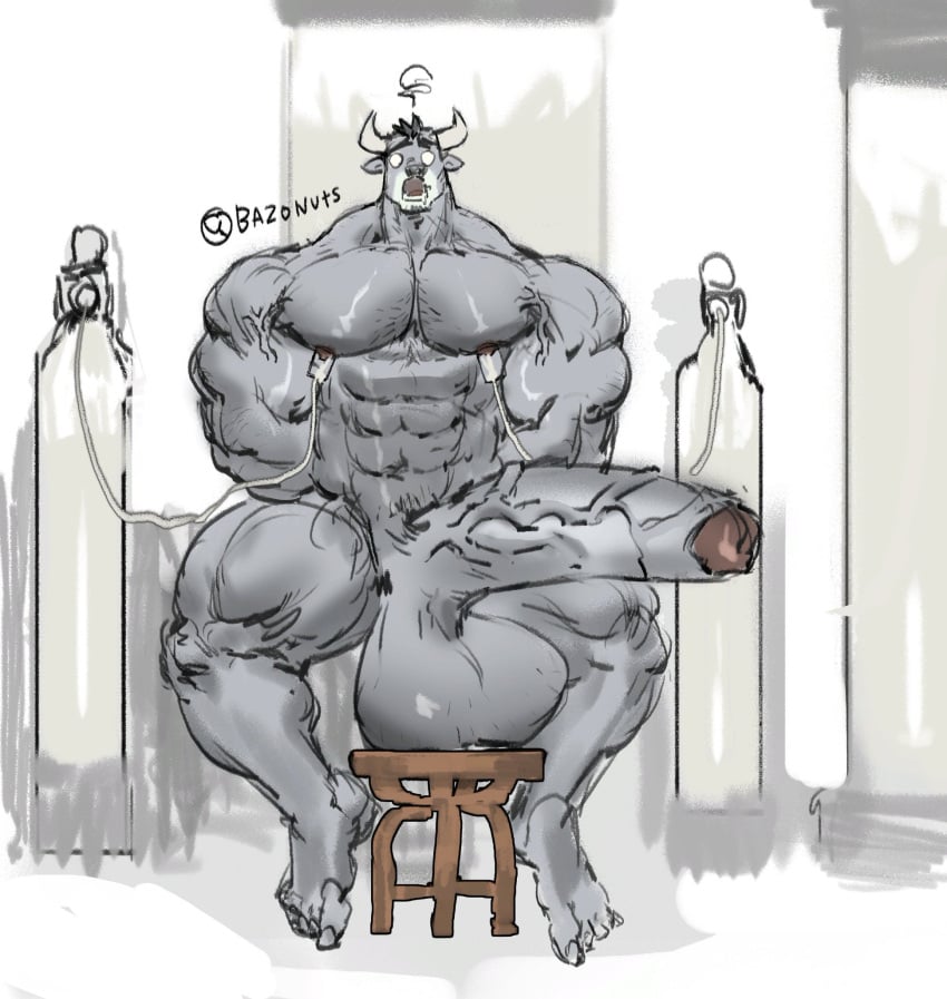 anthro balls bara barazoku bazonuts big_balls big_penis boner bovid bull erection furry horns male male_only muscles muscular nipple_pump nude penis solo solo_male