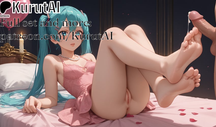 1boy 1girls ai_generated aqua_eyes aqua_hair artist_name artist_signature barefoot bed bedroom blush dress feet footjob hair_ornament hatsune_miku hi_res high_resolution highres indoors jewelry kurutai legs long_hair looking_at_viewer lying necklace on_bed patreon penis pillow pink_dress pussy soles solo_focus straight toes twintails uncensored very_long_hair vocaloid