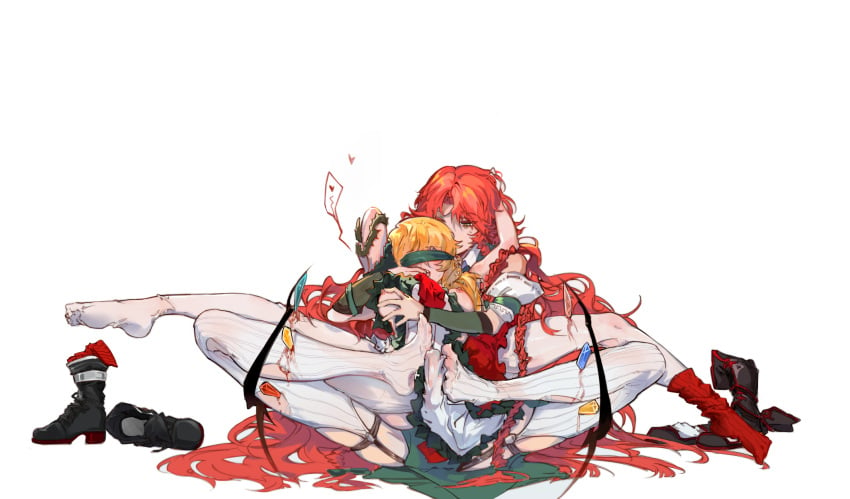 2girls alternate_costume blindfold blonde_hair blood bulge dress erection erection_under_clothes flandre_scarlet footjob futanari grabbing_another's_breast groping hands_on_another's_head highres hong_meiling implied_futanari long_hair medium_hair multiple_girls nipples pantyhose red_hair shoes sitting thighhighs touhou two-footed_footjob unworn_shoes very_long_hair white_background white_dress white_pantyhose white_thighhighs xiuchundao