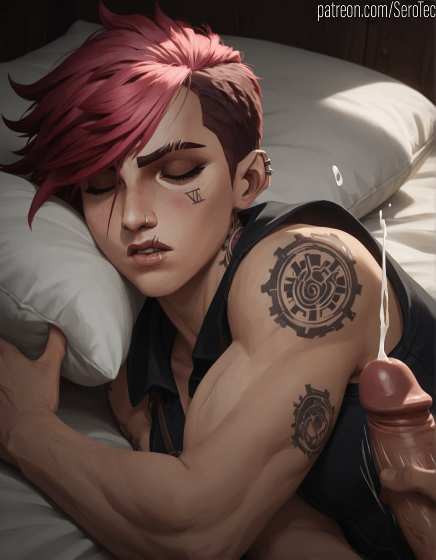 1female 1girls 2d ai_generated asleep closed_eyes cum cumshot female girl hi_res high_resolution highres jerking jerking_off jerkingoff league_of_legends male_masturbation masturbation muscular muscular_female pink_hair pony_diffusion_xltasy serotec short_hair sleep_molestation sleeping somnophilia straight tanktop tattoos vi