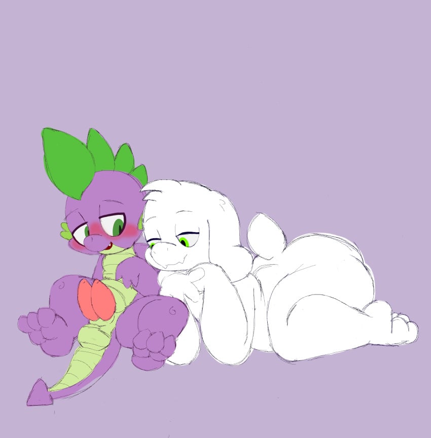 asriel_dreemurr big_butt blush blush cock dragon erection fuzefurry gay goat laying_down looking_at_penis my_little_pony my_little_pony_friendship_is_magic naked nude penis sitting spike_(mlp) undertale undertale_(series) young younger_male