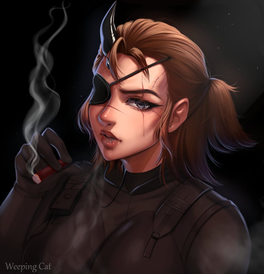 1girls 2024 brown_hair cigar eyepatch female female_only genderswap_(mtf) hi_res horn konami looking_at_viewer metal_gear_solid metal_gear_solid_v rule_63 scar scar_across_eye scar_on_nose scars scars_on_face short_ponytail smoking solo tied_hair venom_snake weeping_cat