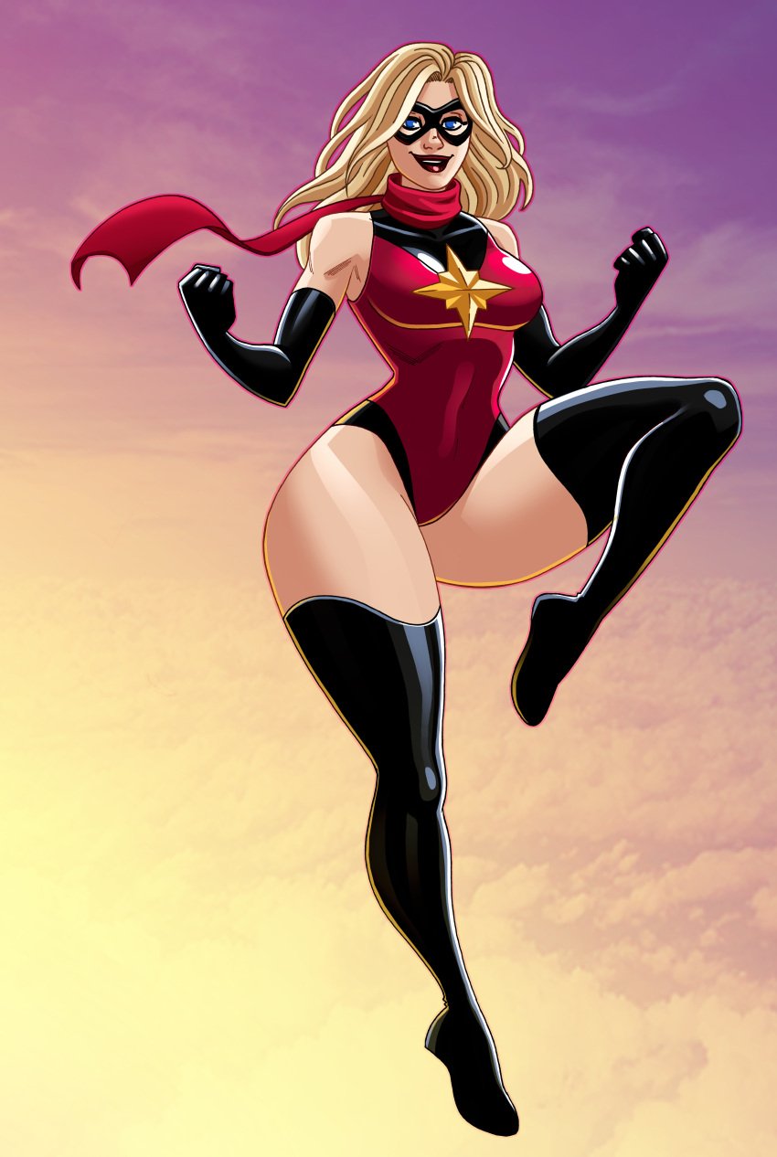 1girls 2025 alternate_costume alternate_version_available blonde_hair blonde_hair_female boots breasts carol_danvers curvaceous curvy curvy_body curvy_figure female_only gloves leotard long_boots long_hair long_hair_female marvel marvel_comics mask masked masked_female ms._marvel ms._marvel_(carol_danvers) nikoalecsovich scarf solo solo_female solo_focus superhero superhero_costume superheroine very_high_resolution