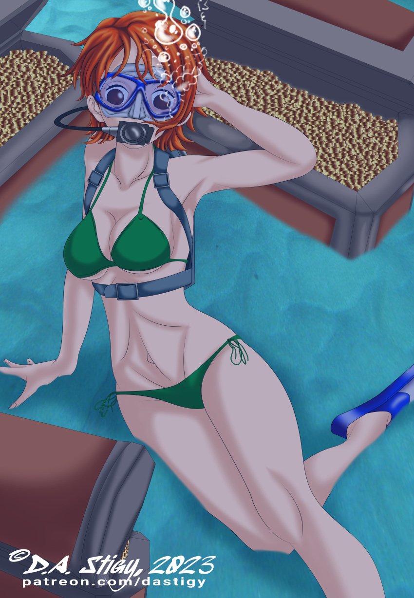 1girls bikini clothing coins dastigy female female_only female_solo fins flippers gold_coin gold_coins green_bikini green_bikini_bottom green_bikini_only green_bikini_top nami_(one_piece) one_piece orange_hair scuba scuba_fins scuba_gear scuba_mask scuba_tank short solo solo_female solo_only treasure treasure_chest underwater