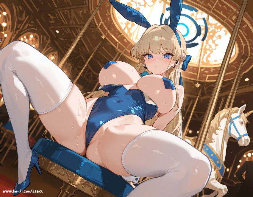 ai_generated beautfiul_background blonde_hair blue_archive blue_eyes blush breasts bunny_ears bunnysuit carousel female flustered halo huge_breasts pasties spread_legs tears toki_(blue_archive) toki_(bunny)_(blue_archive)