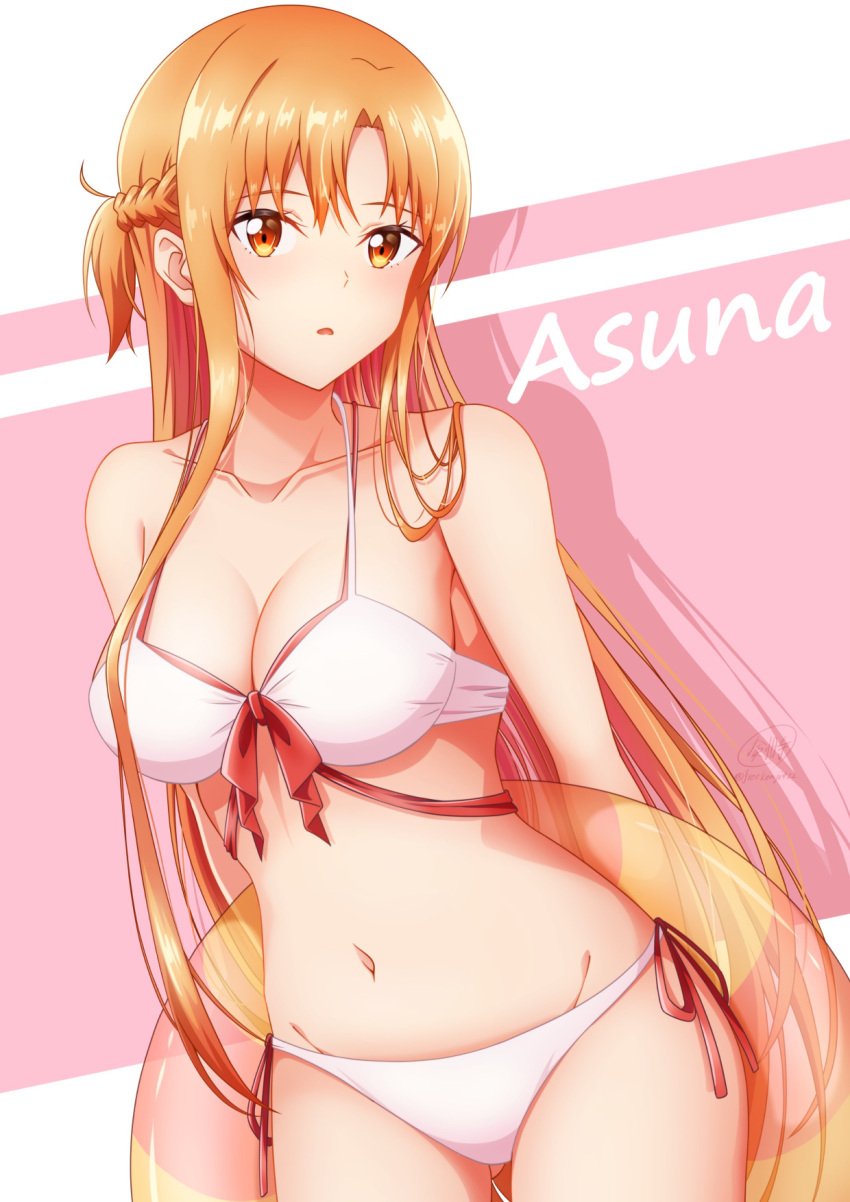 1girls alluring asuna_(sao) bare_shoulders big_breasts bikini blush braid brown_eyes brown_hair character_name cleavage cowboy_shot d: high_res holding holding_swim_ring innertube ken-ji long_hair navel open_mouth parted_bangs side-tie_bikini_bottom stomach swim_ring swimsuit sword_art_online white_bikini yuuki_asuna