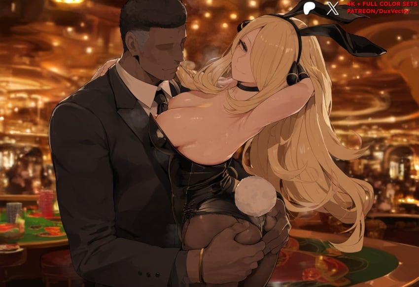 1boy ai_generated animal_ears animal_tail ass ass_grab bangs bar_(place) bare_shoulders black_leotard black_neckwear blonde_hair blush bowtie breasts bunny_ears bunny_girl bunny_tail bunnysuit choker cleavage clothing cup cynthia_(pokemon) dark-skinned_male dark_skin detached_collar drinking_glass duxvector fake_animal_ears fake_tail female formal hair_ornament hair_over_one_eye headwear indoors interracial large_breasts legwear leotard long_hair looking_at_viewer male necktie neckwear netorare ntr pantyhose playboy_bunny pokemon short_hair smile straight strapless strapless_leotard suit sweat tail text thighs wrist_cuffs