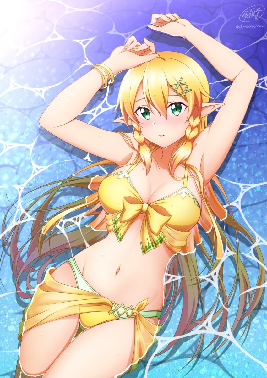 alluring arms_up big_breasts bikini blonde_hair bow bow_bikini bracelet braid cleavage collarbone female from_above green_eyes hair_between_eyes hair_ornament high_res jewelry ken-ji leafa long_hair looking_at_viewer lying multiple_bracelets nail_polish navel on_back parted_lips partially_submerged pointy_ears sarong signature swimsuit sword_art_online thighs twin_braids twitter_username water x_hair_ornament yellow_bikini yellow_nails