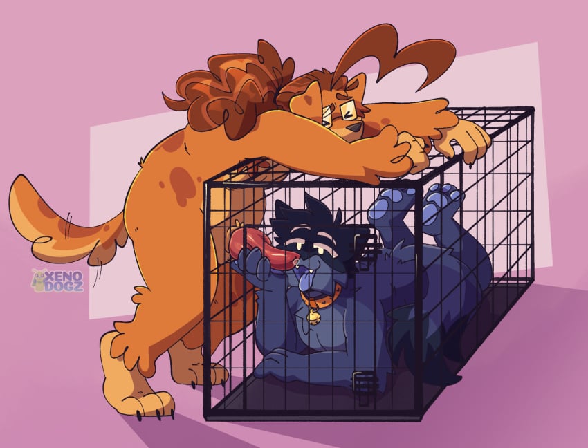 alternate_species animal_genitalia animal_penis anthro bell bell_collar benrey bent_over blue_body blue_fur blue_pawpads blue_tongue bodily_fluids brown_hair cage caged canid canine canine_genitalia canine_penis canis claws closed_eyes collar domestic_cat domestic_dog duo eyewear felid feline felis fur furrification genital_fluids genitals glasses gordon_freeman gordon_freeman_(half-life_vr_but_the_ai_is_self-aware) hair half-life half-life_(series) half-life_vr_but_the_ai_is_self-aware hi_res hlvrai holding_penis knot lying male male/male mammal markings on_front open_mouth orange_body orange_fur pawpads paws penis pink_background ponytail precum simple_background spots spotted_body spotted_fur standing stuck_penis toe_claws tongue tongue_out valve xenodogz